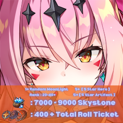[海外]x 1+ ランダムムーンライト | 7000 - 9000 スカイストーン | 5-15 [ヒーロー5つ星] | 5+ [5つ星アーティファクト] | 400+ [合計ロール枚] 0